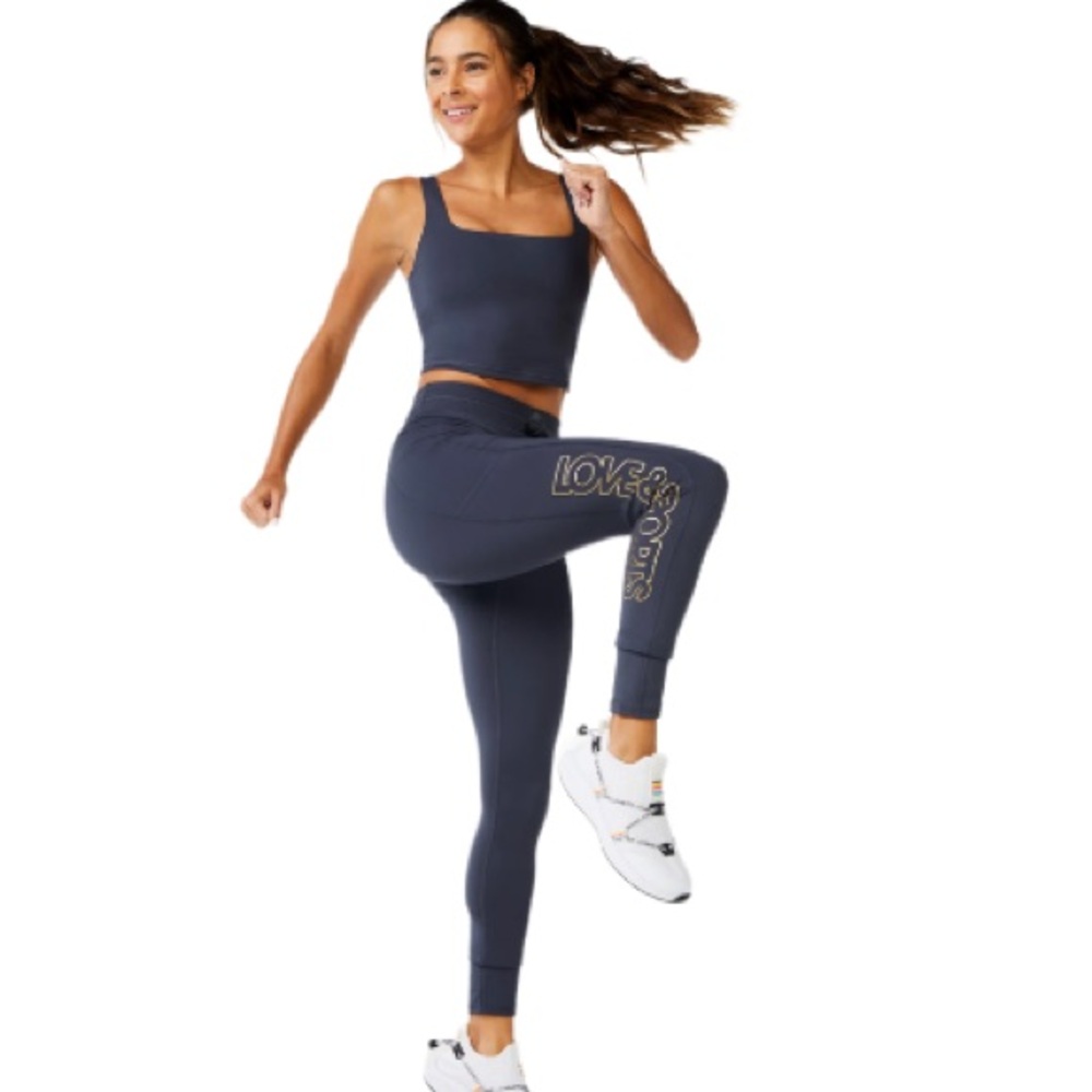 NWT LOVE & SPORTS WOMENS HIGH RISE FITNESS LEGGINGS WITH BLUE GOLD SIZE XL - Picture 2 of 15